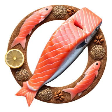 Floating arrangement of omega-3 rich foods: fresh salmon fillets, walnuts, flaxseeds, chia seeds and golden omega-3 capsules, all emitting a soft golden glow. The foods orbit around a central shimmering omega symbol, with gentle flowing energy connecting them. sticker