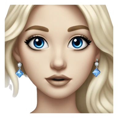 Hyperrealistic pale white girl with blue eyes and long black hair. Wearing gold chain necklace, white diamond stud earrings and has dark eye makeup on her eyes sticker