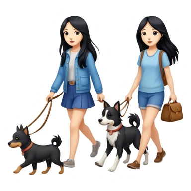 A girl with long black hair walking with three dogs sticker
