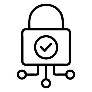 padlock with a checkmark and digital network nodes, clean lines, professional, for an information security expert sticker