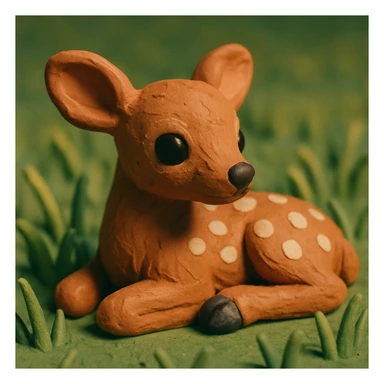 fawn with spots, lying in grass, soft lighting, cute and detailed fur, claymation style sticker