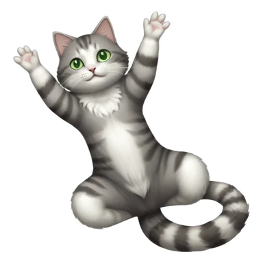 grey and white cat with green eyes doing a big extremely long stretch reaching up into the air with arms and legs side by side together straight and overextended whilst lying on its side sticker