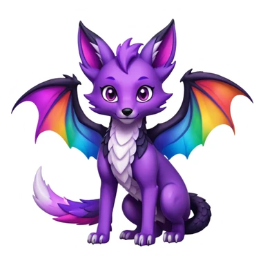 Black Cartoon Fox dragon hybrid purple eyes with wings face front full body dark rainbow colored sticker