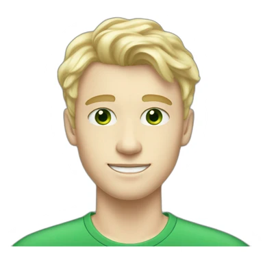 blonde twenty year old pale skin guy with side part brow-length wavy bangs but buzzed on sides and back and green eyes sticker