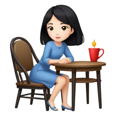 Side view of a girl sitting in a chair at a table with black hair  sticker