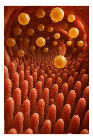 VILLI INTESTINALI CON CELLULE DI GRASSO CHE CI FLUTTUANO SOPRA, INTERNO REALISTICO DI UN INTESTINO, IPERREALISTICO 4K sticker