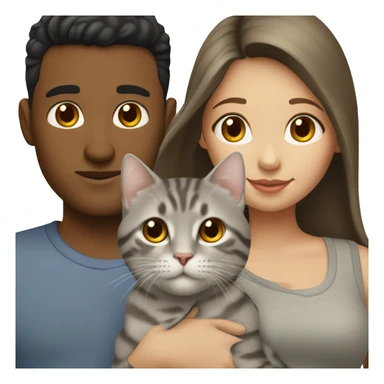 a brunette guy and a girl with light skin and a gray tabby cat between them sticker