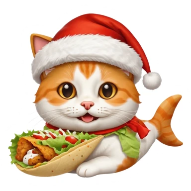 Happy Cat eating  a fish taco wearing a Santa hat sticker