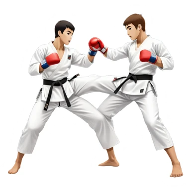 Two taekwondo fighters in traditional white doboks with black belts. One delivers a powerful kick, while the other defends by blocking with his knee. The background shows a professional arena with bright lights and an excited crowd. Transparent background highlights the intense action sticker