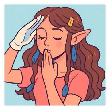 soft pastel digital portrait of a young woman with long wavy brown hair, golden clips, blue ribbons, textured light blue background, pointy ears, closed eyes, gentle blush, subtle glow, right hand in white glove raised in military salute, serene contemplative expression, gentle touch to lips emphasizing intimacy and vulnerability sticker