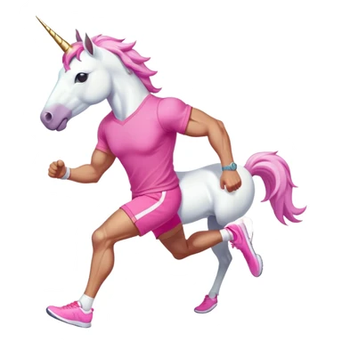 full body friendly anthropomorphised masculine unicorn with white horse-like face, muscular build, wearing pink t-shirt, shorts, trainers, dark sunglasses, running in a relaxed pose sticker