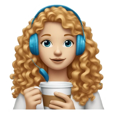 strawberry blonde girl with curly hair and blue eyes sipping coffee with headphones on  sticker
