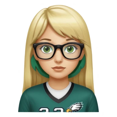 long blonde hair with bangs black rectangle glasses female green eyes football player wearing eagles jersey number 33 sticker