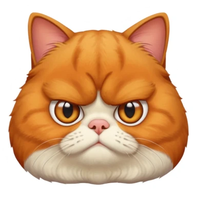 貓咪特徵強調
 
品種/臉型： 以**加菲貓（Garfield cat）或異國短毛貓（Exotic Shorthair）**為原型。
面部特徵： 強調扁臉（Flat face）、極度厭世的表情（Extremely grumpy/grumpy/displeased expression）、深深的皺眉（Deeply furrowed brow）、以及大眼睛（Large eyes）。
毛髮： 擁有雙層、蓬鬆的長毛（Double-coated, fluffy long fur）。 sticker