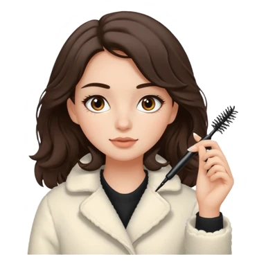 Garota branca de cabelos levemente ondulados castanhos escuros médio aplicando máscara de cílios, ela veste casaco off white estilo cozy sticker