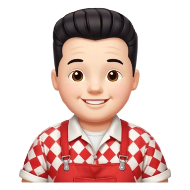 A cheerful, chubby boy with a retro 1950s diner aesthetic, wearing red-and-white checkered overalls and a white t-shirt. He has a playful, confident smile and a classic black pompadour hairstyle sticker