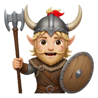 A young Viking warrior with messy hair painted cheeks, wooden shield, and fierce excited grin with horned helmet sticker