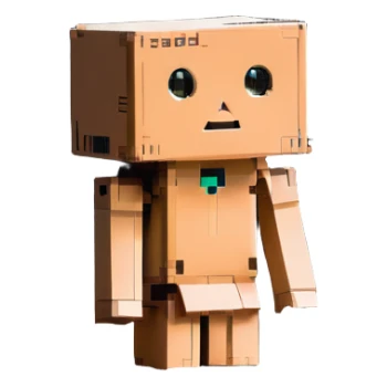 Danbo, a toy-like cardboard robot, in a softly lit, warm room with wooden floor, clean lines, pastel colors, nostalgic cartoon style sticker