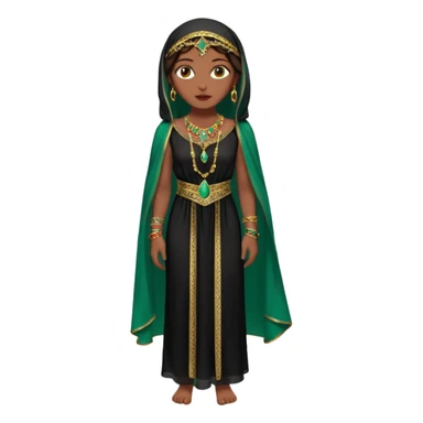 Mujer joven, morena, de gran belleza y porte misterioso.
 mirada intensa, labios marcados.
 Negro, largo, suele ir cubierto parcialmente por un velo
 Ropa de inspiración árabe: túnica colorida (rojo, dorado, verde esmeralda), con detalles dorados, brazaletes y pendientes. que se ve cuerpo entero sticker