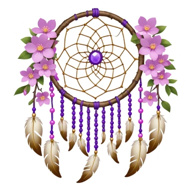 A white-birch-Dreamcatcher. with purple-round-orbs, gold-rings hanging down. purple flowers, pink sakura flowers, sticker