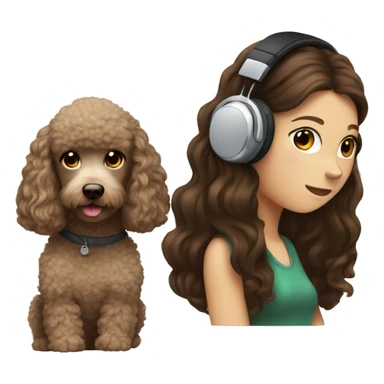 White girl, dark long hair in headphones with brown poodle sticker