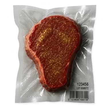 steak with gold sparkles and highlights, shiny and inflated sticker
