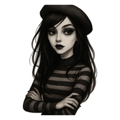 emo girl with heart-shaped face, beret, striped sweater, mysterious and elegant sticker
