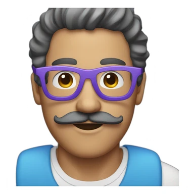 man with a mustache, a blue headband on his head and light purple glasses sticker
