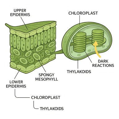 A highly scientific, detailed cross-section of a leaf showing chloroplasts, thylakoids, and the light and dark reactions, with scientific labels, no background, transparent background sticker