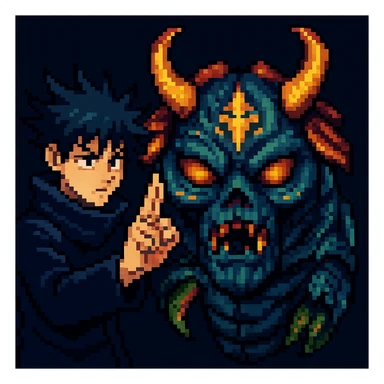 Add Megumi Fushiguro in a summoning pose next to Mahoraga in a pixel art style with a retro video game look, both characters visible. sticker