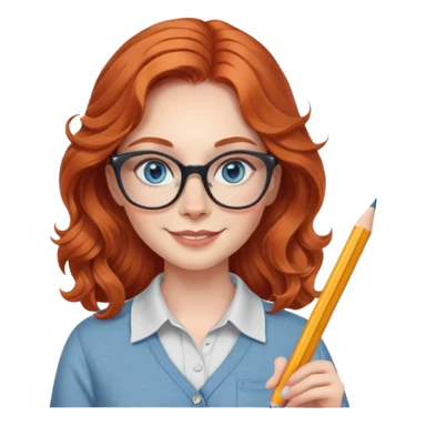 redheaded woman with long wavy hair, blue eyes, cat-eye glasses, casual outfit, holding a pencil, smiling sticker
