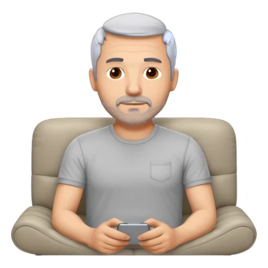 a 50 year man, short grey hair, stubble beard, laying on a ottoman of a light grey cord sofa, front view sticker