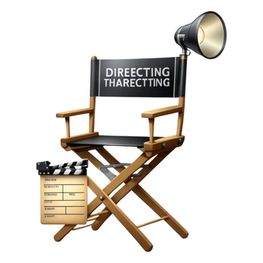 Icon for Directing: a director's chair, a film script, a clapperboard and a spotlight. The icon should represent the creative and technical aspects of directing in theater and film, with focus on storytelling and leadership. Transparent background. sticker