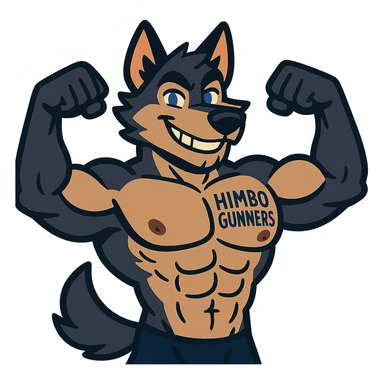 super buff and good-looking wolf furry, shirtless, with 'Himbo Gunners' tattoo on chest, flexing with both arms, charming smile, appealing features sticker