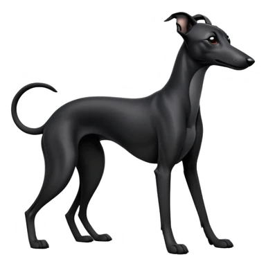cinematic-[black greyhound]-realistic-full-body-sitting-emoji,-tail-resting-loosely-beside-its-paws,-head-tilted-dramatically, -sleek-[black]-fur,-simplified-yet-realistic-focused-features,-highly-detailed,-glowing-with-an-almost-sarcastic-glow sticker