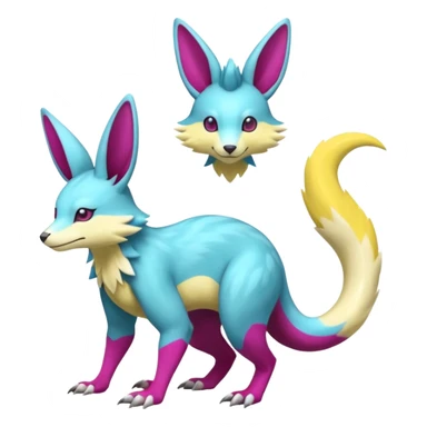 realistic Shiny smooth silky soft Cyan-Yellowish-Magenta Minccino-Zeraora-Emolga-Vernid-Sergal-fusion-hybrid-animal-creature, full body sticker