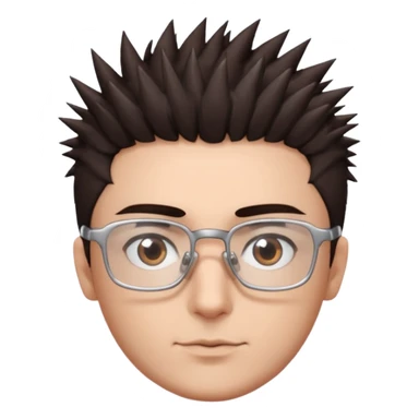 personagem com corte de cabelo espetadinho curto indo até o pescoço, cabelo castanho escuro, olho castanho escuro, sombrancelha castanho escuro, óculos sem aro prata quadrado. rosto fino sticker