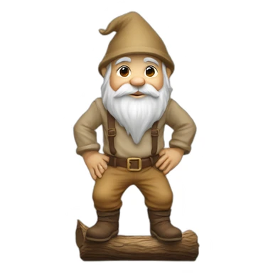 side view of gnome with light tan pants and light tan boots squatting above small brown log sticker