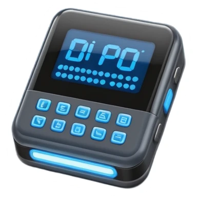 dark gray pager with digital display glowing blue, showing BIP in pixel-style text, rounded edges, few buttons, clean flat iOS emoji style, soft shadows and highlights sticker