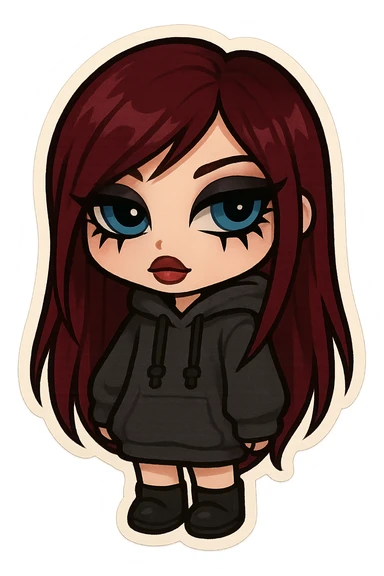 bratz-inspired emo girl, burgundy long hair, pale skin, blue eyes, dramatic eyeliner, oversized hoodie, chibi sticker style sticker