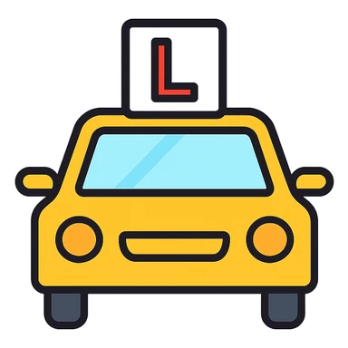 yellow car with a learner sign, simple and clear, modern icon style sticker