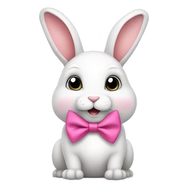 Cute little rabbit with a big belly and a pink bow tie on his neck and on his ears sticker