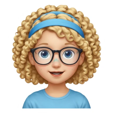 blond kid with unique face features and very curly hair kid girl happy and big glasess and big nose and very blue eyes and headband with freckles kind of nerd looking sticker