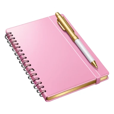 Notebook, gold and pink and white. angled view. with pen sticker