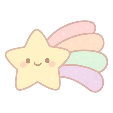 kawaii yellow shooting star, smiling face, soft pastel colors, pastel trail, no arms or legs, full body, soft pastel kawaii style, transparent background sticker