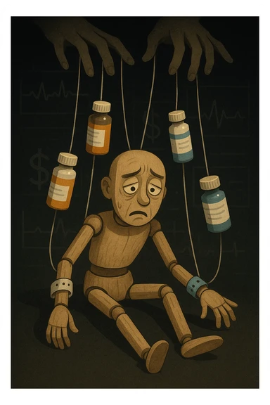 a marionette puppet with hospital bracelets and medication bottles as strings is controlled by unseen hands from above. The puppet’s face shows confusion and fatigue, representing the feeling of being managed by an invisible system. The background is dark, with faint images of medical charts and dollar signs. in italiano sticker