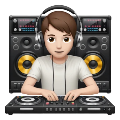 White skin dj mixing with dj booth, headphone on head, no cap, not bald, brown hair  sticker
