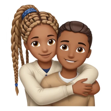 Brown skin girl with box braids and hazel eyes and white boy with brown hair and dark blue eyes hugging sticker