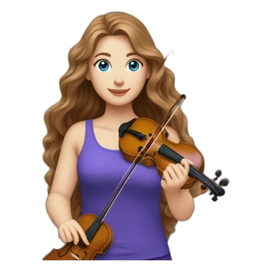 White female long brown wavy hair vivid blue eyes purple shirt holding a violin standing in a garden with laptop sticker