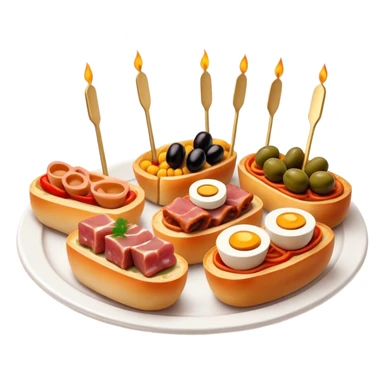 Tapas (4 Pintxos) Cinematic Realistic Tapas Dish Emoji, depicted as an assortment of 4 pintxos elegantly arranged on a plate, rendered with lifelike textures and vibrant, inviting lighting. sticker